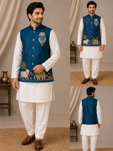 White <b>Men's</b> <b>Kurta</b> Set With Hand Drawn Elephant Embroidery Traditional Indian Wedding Wear Cotton Regular Fit - Product Image 6