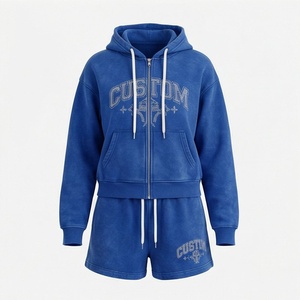 Blue Hooded Zip-Up Sweatshirt Women's Casual Sports Wear Rhinestone Letter Print Full Sleeve Knitted Cotton <b>Top</b> Regular Fit - Product Image 1