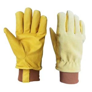 Split Cowhide Leather Driver <b>Gloves</b> with Extended Brown <b>Knit</b> Cuff Abrasion Resistant Comfortable Fit Yellow Work <b>Gloves</b> - Product Image 2
