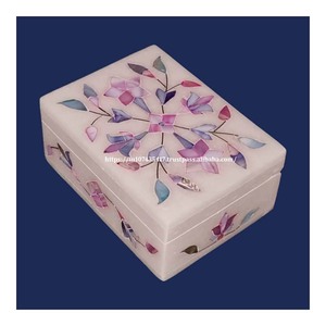 Beautiful <b>Pink</b> and Blue Marble Inlay <b>Gift</b> <b>Boxes</b> with Light Shade Mix Mother of Pearl Inlay for Ramadan Festival Ready to Ship - Product Image 1