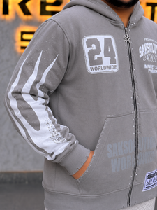 Wholesale Custom Gray Washed <b>Full</b> <b>Zip</b> Hoodie Crystal Studded Flame Print Distressed Oversized Hip Hop <b>Sweatshirt</b> for Unisex Wear - Product Image 4