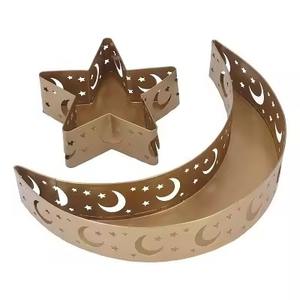 Plateau en fer forgé doré, boîte à bonbons, ensemble de trois, décorations pour la maison, plateau doré, plateaux à en-cas pour l'Aïd - Product Image 1