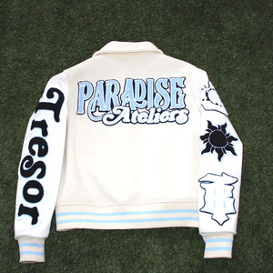 แขนเสื้อหนังเทียมระดับพรีเมียม – สไตล์ Letterman ทรงบ็อกซี่แบบเรโทร พร้อมขอบยางยืดลายทางและรายละเอียดลายปะ - Product Image 2