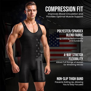 Combinaison de lutte noire pour homme, ajustée, en spandex et polyester, anti-humidité, imprimé drapeau américain, vêtements de sport de combat - Product Image 6