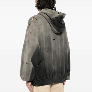 Sweat à capuche professionnel pour homme, style déchiré, personnalisé, manches longues, effet délavé, déchirures en denim, en tissu polaire - Product Image 3