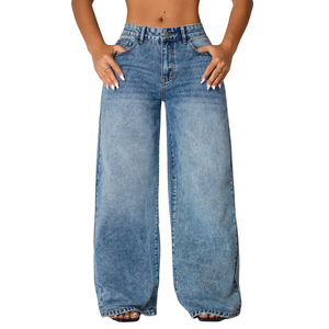 Jean en denim ample taille haute pour femme, coupe décontractée, délavé, en coton respirant, tendance hiver, pour le quotidien - Product Image 1