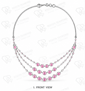 Elegant Layered Station Pink Lab Diamond <b>Necklace</b> Premium Sterling Silver Bezel Set Cascading Row Luxury Occasion Fine Jewelry - Product Image 3
