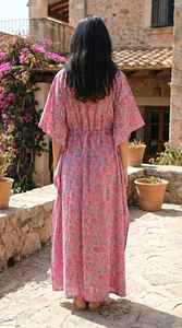 Robe kaftan en coton rose à fleurs pour femmes, style bohème, tenue de plage, avec cordon de serrage - Product Image 6