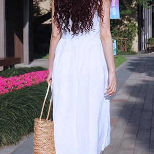 Summer Organic Cotton V Neck Button Front Loose Fit Plus Size Midi Vintage High Waist Everyday Wear Vacation Dress - Product Image 3