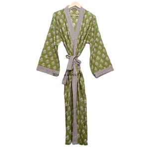 <b>Belted</b> 100% Cotton Soft Digital Printed V-neck Full Length Long Sleeve Breathable Quick Dry Women's <b>Kimono</b> Bathrobe Summer - Product Image 1