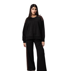 Ensemble de détente deux pièces noir pour femme : sweat-shirt à manches longues et pantalon large assorti – Tenue décontractée et confortable pour la maison – Fabricant sur mesure - Product Image 5