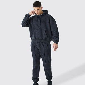 Chándal con Capucha para Hombre, Lavado Oscuro, Algodón, Manga Larga, Color Sólido, Corte Holgado Informal, para Otoño, con Cierre de Cordón Lateral - Product Image 2