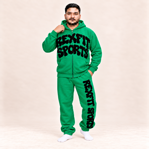Survêtements verts avec appliqué lettres noires, ensemble unisexe sweat à capuche zippé et pantalon de jogging, étiquette personnalisée, streetwear décontracté, vente en gros - Product Image 4