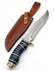 Custom Handmade Damascus Steel Outdoor <b>Knife</b> Segmented Striped Handle <b>Carved</b> Brass Guard Leather Sheath - Product Image 4