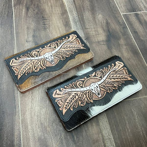 Trendy Wholesale Hand-Tooled Cowhide Leather Longhorn Bifold Wallet Bull Skull Floral Design <b>Large</b> Capacity <b>Women</b> Clutch <b>Purse</b> - Product Image 4