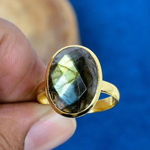 Handmade Natural <b>Labradorite</b> Oval Shape 18K Gold Micron Over 925 Sterling Silver <b>Ring</b> - Product Image 1