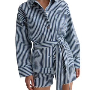 Chaqueta de Mujer, Estilo Camisa con Cinturón, Tela Twill, Manga Larga, Rayas, Ropa Exterior Informal, Chaqueta de Moda, Venta al Por Mayor Personalizada - Product Image 2