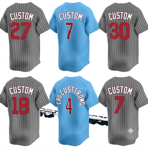 Service de personnalisation - Maillot de baseball bleu clair - Uniforme d'équipe cousu - Vêtements de sport personnalisés - Maille unisexe - Col en V - 100% coton - Product Image 1