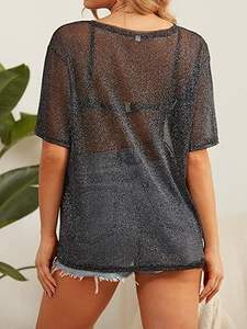 Camiseta de malla transparente de manga corta con hombros caídos y estampado personalizado para mujer, talla grande, estilo desgastado, para playa y exteriores, de poliéster - Product Image 4