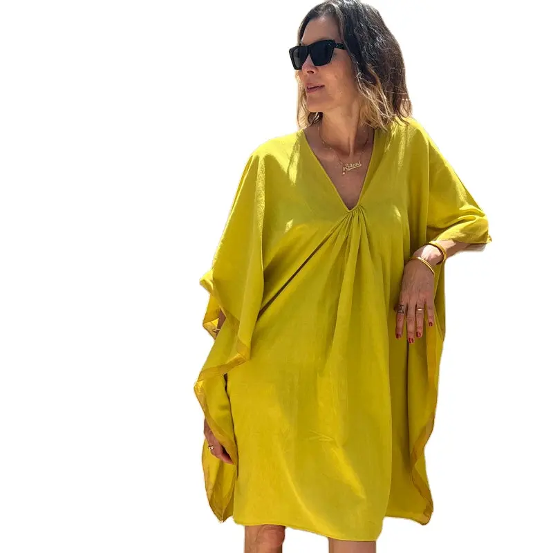 Плюс размер мини кафтан лето три четверти рукав V-образным вырезом Бохо Цыганская пляжная одежда женская одежда