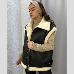 Chaleco de Piel Auténtica con Cuello de Piel y Bolsillos para Mujer, Estilo Elegante, para Invierno - Product Image 1
