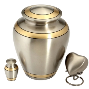 Ensemble d'urnes funéraires artisanales bicolores en étain et or – Grande urne pour adulte, petite urne souvenir et jeton en forme de cœur avec support - Product Image 1