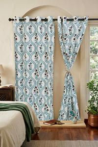 Rideaux de luxe en coton premium à œillets, imprimés à la serigraphie, avec cordes, pour une décoration élégante des fenêtres du salon et de la chambre, motif floral traditionnel - Product Image 5
