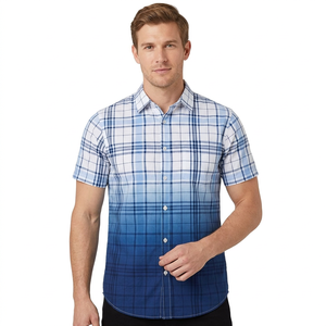 <b>Men's</b> Short Sleeve Plaid Gradient Color Formal Shirt Regular Fit Turn-down Collar Winter Woven Poplin 100% Cotton Eco-Friendly - Product Image 1