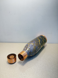 Premium Printed Pure Copper Water Bottle 1100ml Navy Blue Gold Leaf Pattern Ayurvedic Flask Leakproof Gym Sports Metal <b>Drinkware</b> - Product Image 3