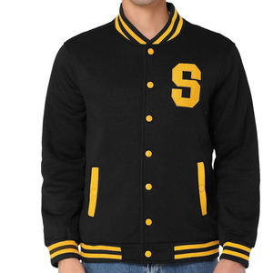 <b>Men's</b> Black Nylon Varsity <b>Jacket</b> with <b>Yellow</b> Trim Turn-down Collar Single Button Closure Breathable Casual Autumn Wear - Product Image 6