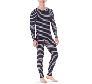 <b>Men</b> Striped <b>Thermal</b> <b>Underwear</b> Set Long Sleeve Crew Neck 2 Piece Winter Warm Base Layer Cotton Compression Wear - Product Image 1