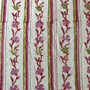 ผ้าฝ้ายพิมพ์ลายด้วยมือ – ลายดอกไม้และลายทาง |   สีชมพู สีแดง และสีเขียวมะกอก |   สิ่งทอทำมือจากอินเดีย - Product Image 1