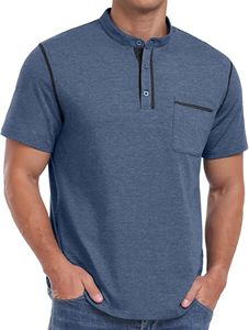 Camiseta de Manga Corta para Hombre, Cuello Alto, Corte Regular, Tejido de Punto, Color Sólido, Diseño con Bolsillo y Ribete en Contraste - Product Image 1