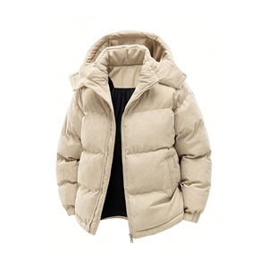 Unisex Custom Color Corduroy Puffer <b>Jacket</b> Winter Thick Zipper Closure Hooded Stand Collar Casual Solid Color Loose Fit Short Le - Product Image 1