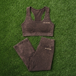 Conjunto Deportivo para Mujer, Color Marrón, Efecto Deslavado, Bra Deportivo y Leggings Acampanados de Cintura Alta, para Gimnasio, Yoga y Entrenamiento - Product Image 5