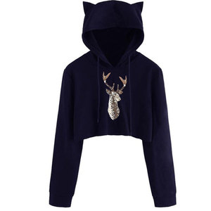 Sudadera con capucha corta con orejas de gato y estampado de ciervo con pedrería, corte regular, unisex, informal, de invierno, de punto. - Product Image 2