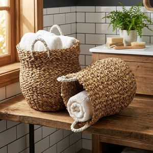 Cesta Redonda de Seagrass Natural Tejida a Mano con Asa, para Almacenamiento, Macetero, Cesto de Lavandería, Decoración y Diseño Artístico Puro - Product Image 6