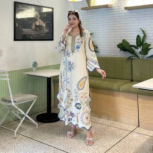 White Floor-Length Embroidered Kaftan Women's Loose Fit Traditional Indian Pakistani Wear Summer Casual Cotton <b>Dress</b> - Product Image 3