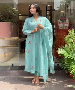 Conjunto de Top y Pantalón de Algodón con Bordado de Estilo Elegante y Dupatta, Ropa Festiva, Precio al por Mayor, Prenda Étnica, Color Azul Cielo Multicolor, Secado Rápido - Product Image 1