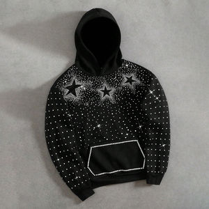 Sudadera con Capucha Negra con Pedrería y Estampado de Estrellas, Corte Holgado, Unisex, Informal, de Punto, de Poliéster, para Otoño - Product Image 5