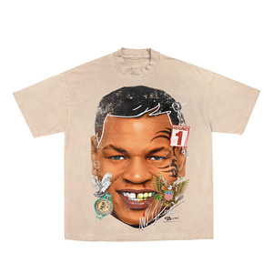 T-shirt à col roulé pour homme, manches courtes, 100% coton, uni, avec impression photo de Mike Tyson, coupe classique, tissu tricoté formel - Product Image 1