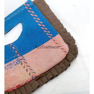 Ethnic Blue Textile <b>Handbag</b> With Brown Ruffles Cut Soft Handle Clasp Closure <b>Medium</b> Size Daily Use - Product Image 5