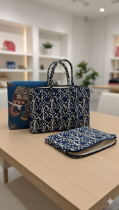 Bolso acolchado artesanal para portátil en azul índigo |   Moderno Estampado Floral Ecológico, Duradero, Elegante, Impermeable para Negocios - Product Image 3