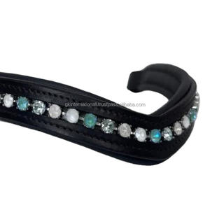 สายรัดคิ้วม้าหนังอังกฤษสีดำบุรูปตัววีสไตล์สุดฮิต,สายรัดแต่งคิ้วสีเขียวเสจประกายเพชรสีเขียวขุ่น - Product Image 1