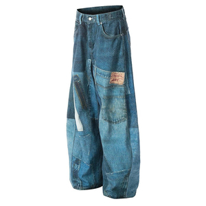 Pantalon en jean sergé ample et respirant pour homme, personnalisé en usine, avec impression 3D DGT intégrale, style décontracté, patchwork, coupe large et ample, respirant, Bow Trompe - Product Image 6