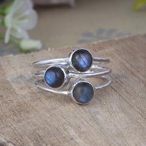 925 Sterling Silver Natural Labradorite Cabochon Triple Stone <b>Rings</b> Handmade Boho Gemstone Statement <b>Ring</b> for Women - Product Image 4