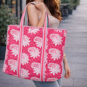 Handmade Vintage Large Tote Handbag Quilted <b>Patchwork</b> Indian Cotton Washable Grocery <b>Bag</b> Printed Design for Women's Daily Use - Product Image 1