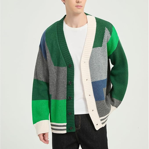 Cárdigan de Punto con Patrón Geométrico, Manga Larga, Cierre de Botón, Suéter Otoñal, Diseño de Bloques de Color Verde, Gris y Azul - Product Image 1