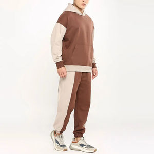 Ensemble de survêtement homme bicolore style vintage streetwear marron beige avec sweat à capuche et pantalon de jogging doublé polaire coupe ample - Product Image 2