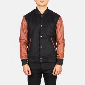 White <b>Bird</b> Express Men Black Brown Varsity Bomber Jacket Contrast Sleeves <b>Stand</b> Collar Cuffs Covered Button Front Eco-Friendly - Product Image 2
